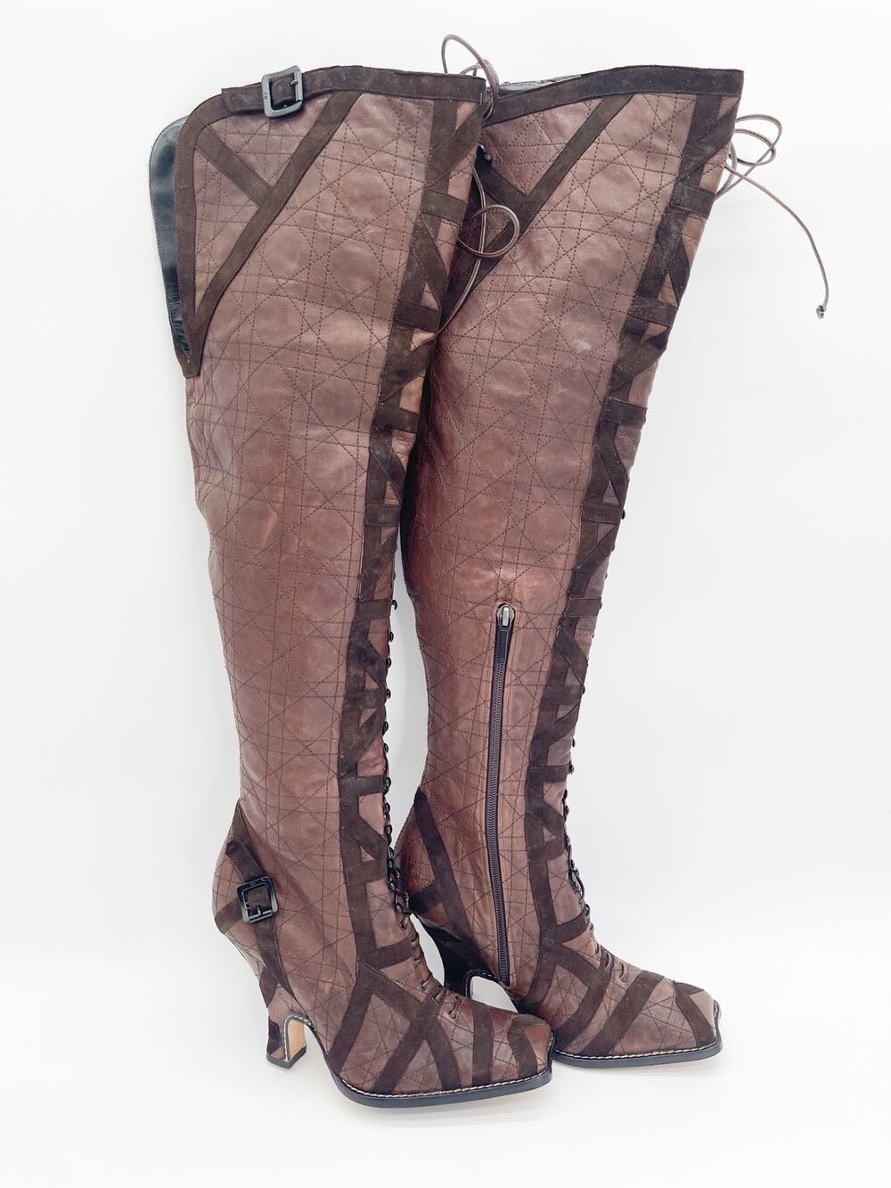 Dior Vintage y2k Galliano Era Brown Cannage Louis XVI OTK Lace Up Boots EU 39